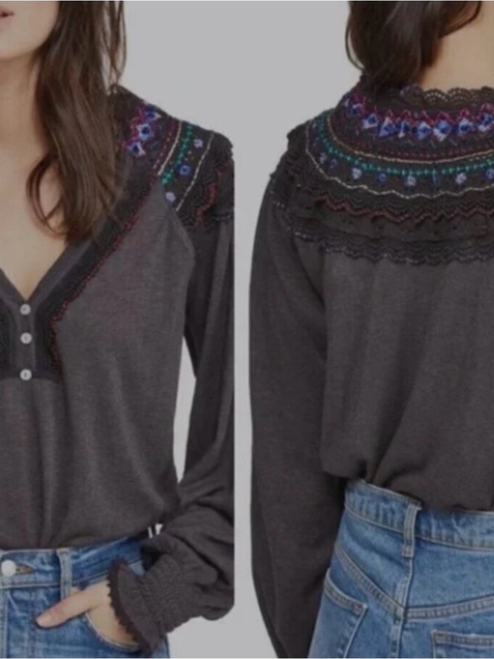 #467 FREE PEOPLE Siesta Fiesta Charcoal Gray Top with Embroidery M